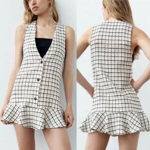 Zara Women's Plaid Pinafore with Flounce Trim in Ecru and Black, Extra Small